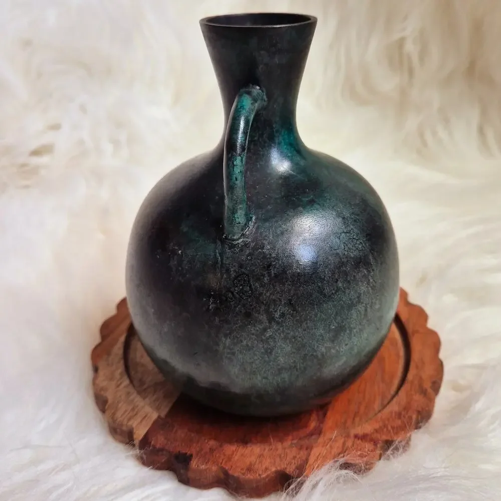 Antique Japanese Meiji Bronze Twin Handle Vase Green Patina